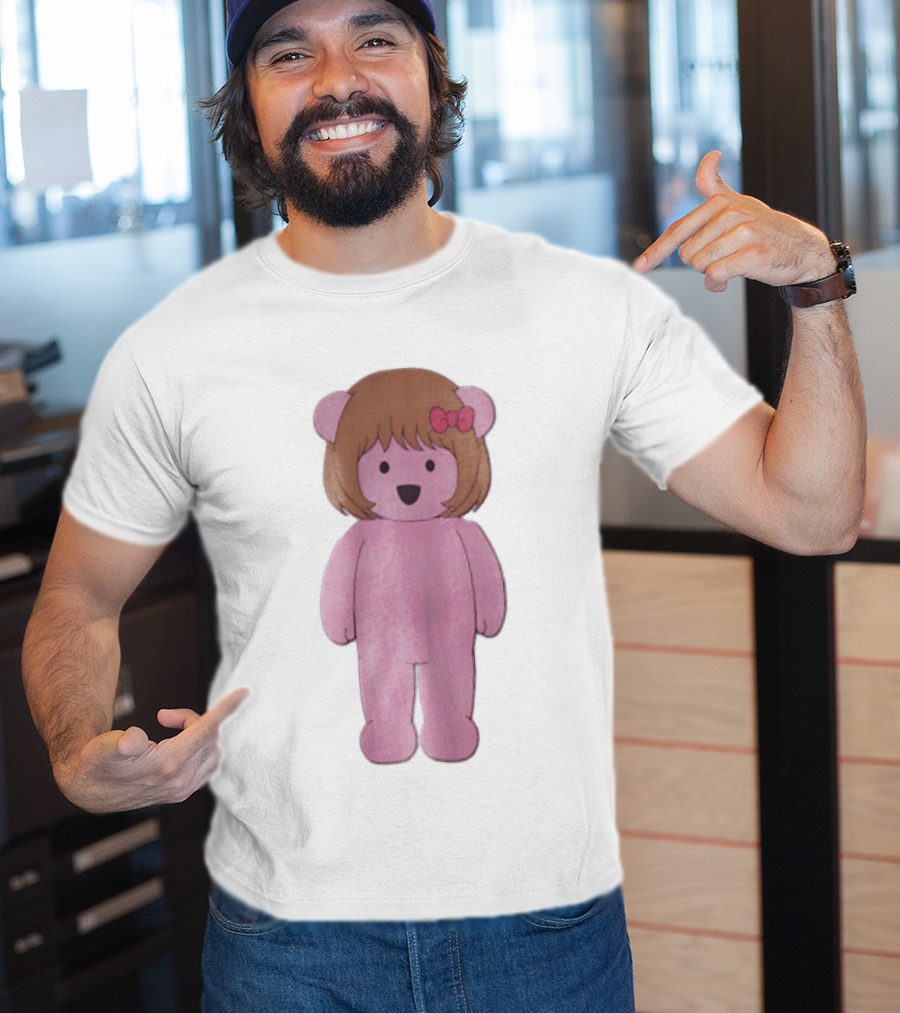 Cartoon Pink Bear With Brown Bob Haircut And Red Ribbon Bow T-Shirt