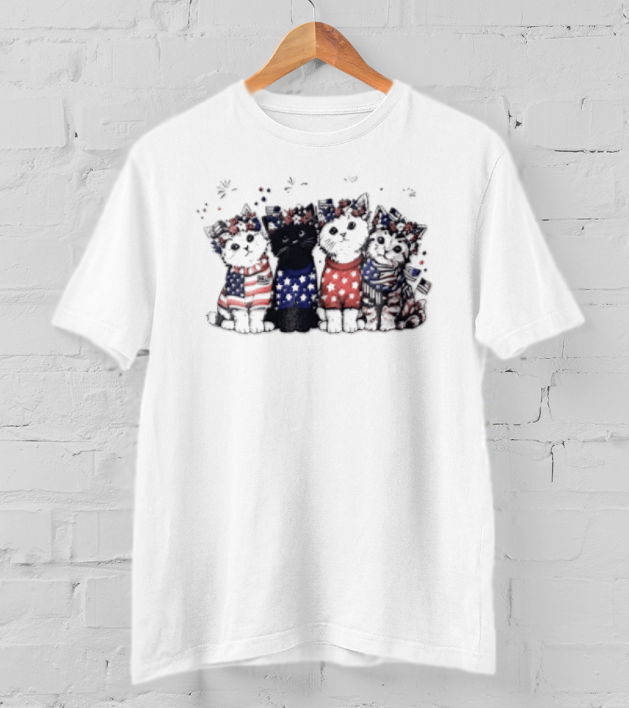 Four Patriotic Watercolor Kittens Fireworks Celebration Red White Blue T-Shirt