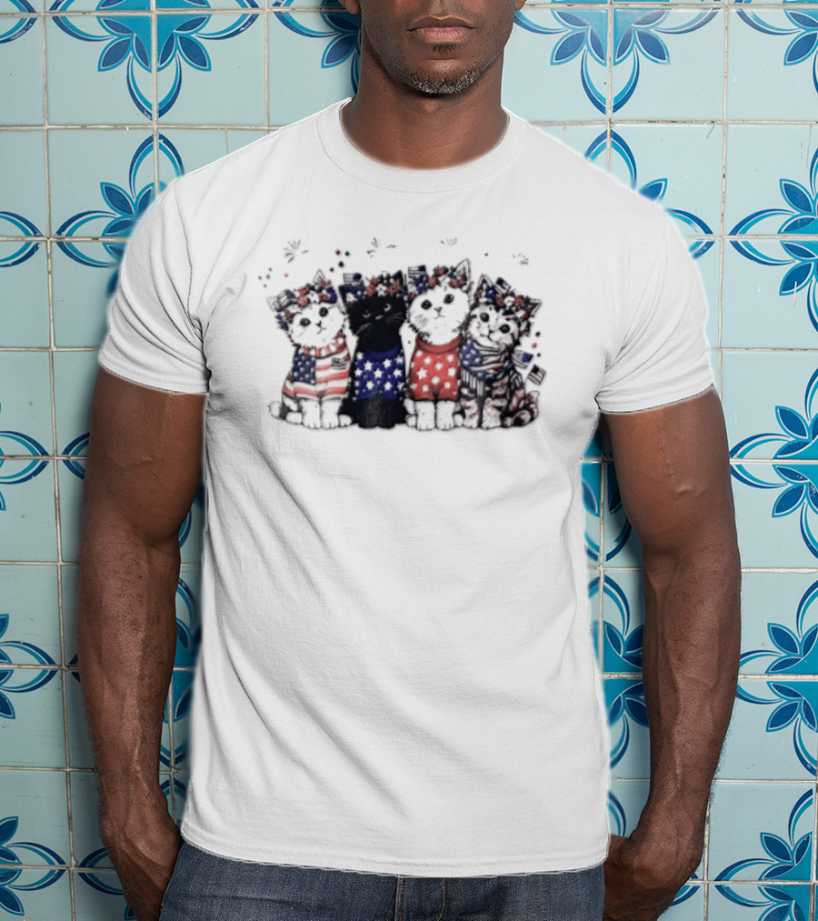 Four Patriotic Watercolor Kittens Fireworks Celebration Red White Blue T-Shirt