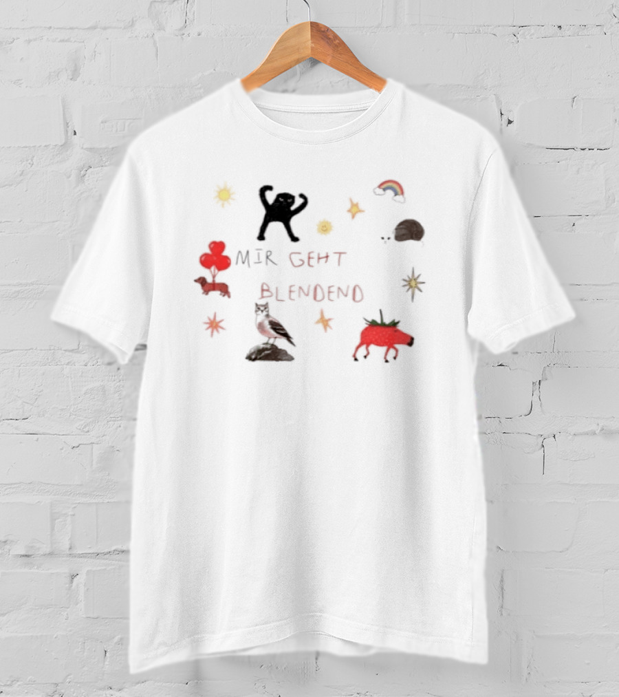 Mir Geht Es Blendend Cat Snail Strawberry Pig With Rainbow And Sun Doodles T-Shirt