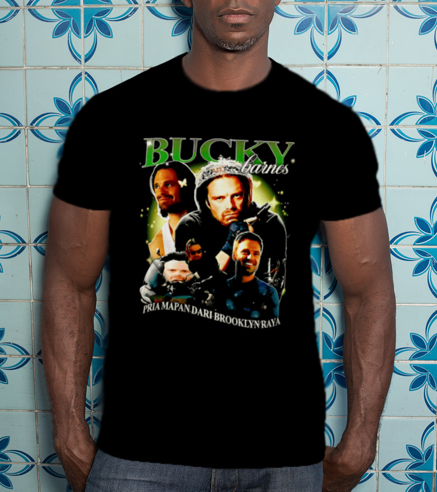 Bucky Barnes Sebastian Stan Pria Mapan Dari Brooklyn Raya Multiple Photos Crown Marvel T-Shirt