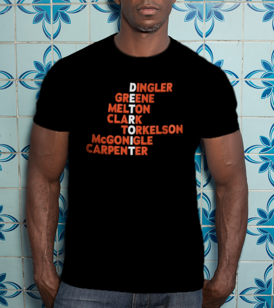 Detroit Tigers Dingler Greene Melton Clark Spencer Torkelson Mcgonigle Carpenter Names Vertical Arrangement T-Shirt