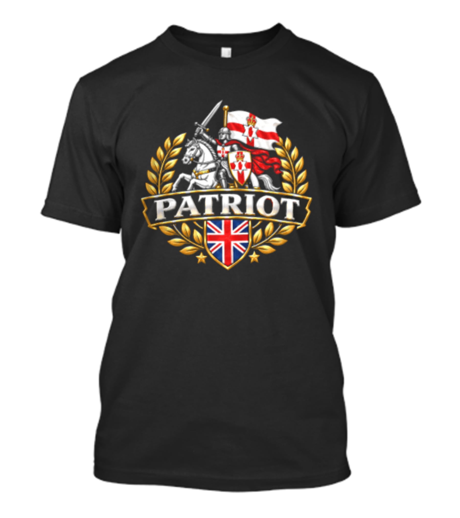 Patriot Knight Riding With Northern Ireland Flag And Union Jack Crest T-Shirt