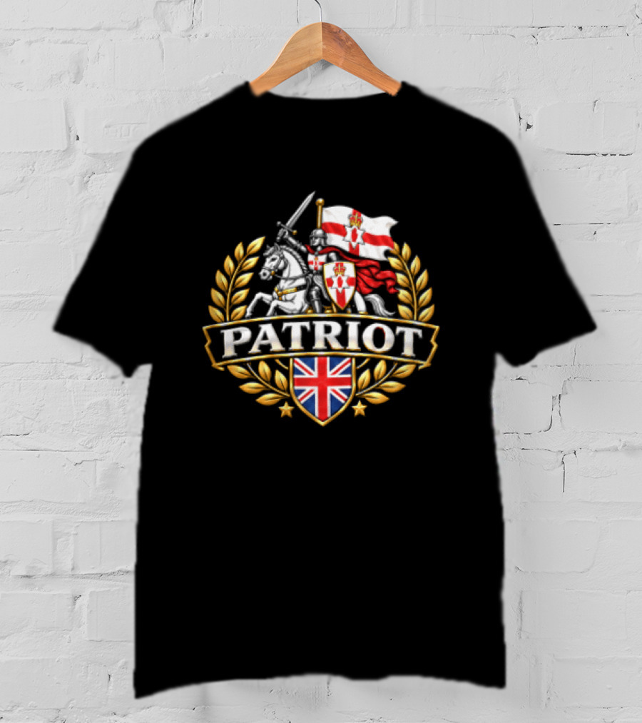 Patriot Knight Riding With Northern Ireland Flag And Union Jack Crest T-Shirt