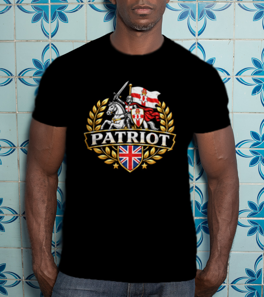 Patriot Knight Riding With Northern Ireland Flag And Union Jack Crest T-Shirt
