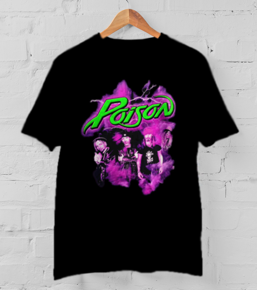 Poison Band Members Graphic With Neon Green Logo And Purple Aura T-Shirt