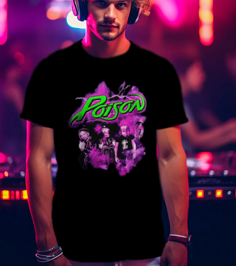 Poison Band Members Graphic With Neon Green Logo And Purple Aura T-Shirt