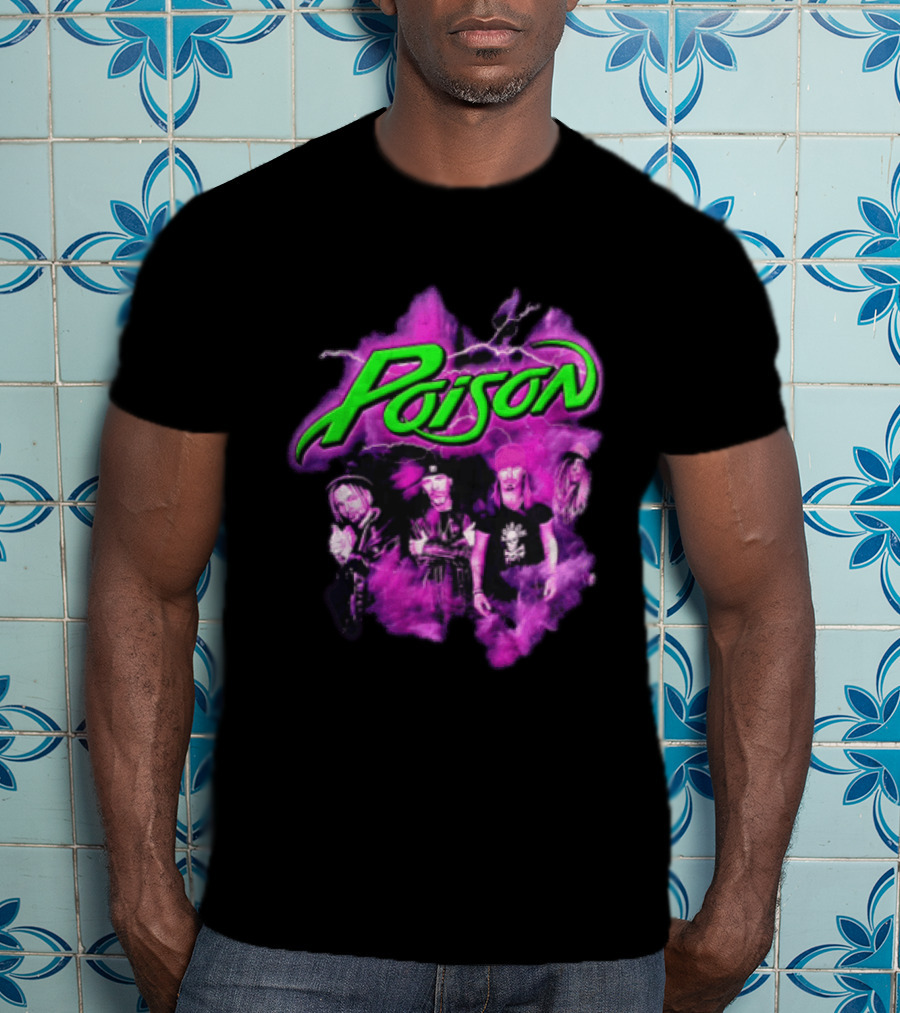 Poison Band Members Graphic With Neon Green Logo And Purple Aura T-Shirt