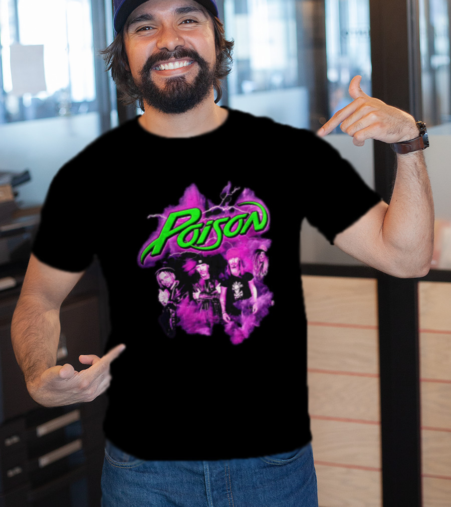 Poison Band Members Graphic With Neon Green Logo And Purple Aura T-Shirt