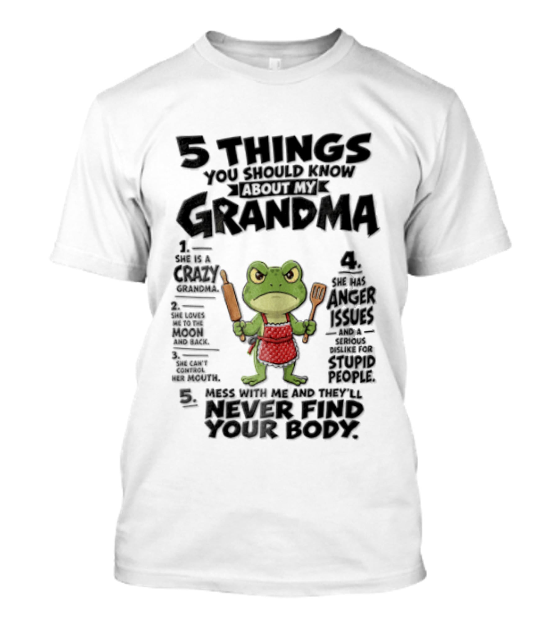 5 Things You Should Know About My Grandma Angry Cartoon Frog Wearing Red Apron Never Finds Your Body T-Shirt