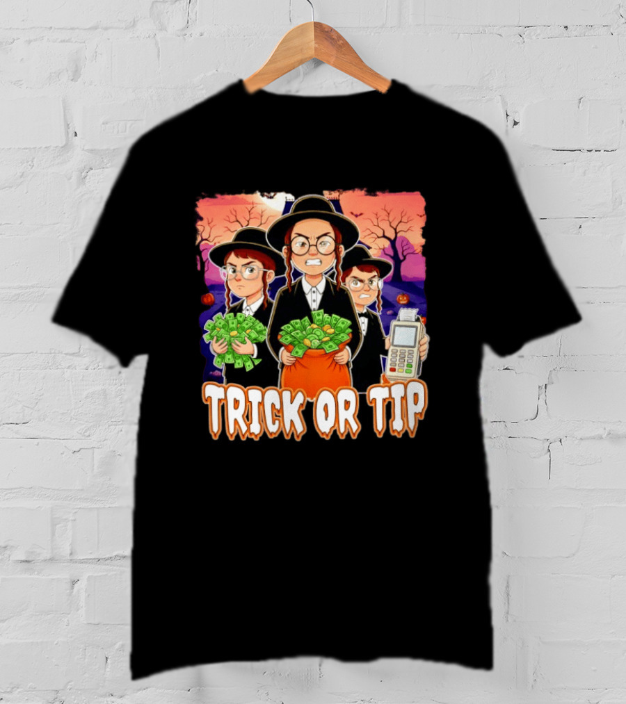 Trick Or Tip Halloween Money Bag Cartoon Characters Holding Cash And Payment Terminal T-Shirt