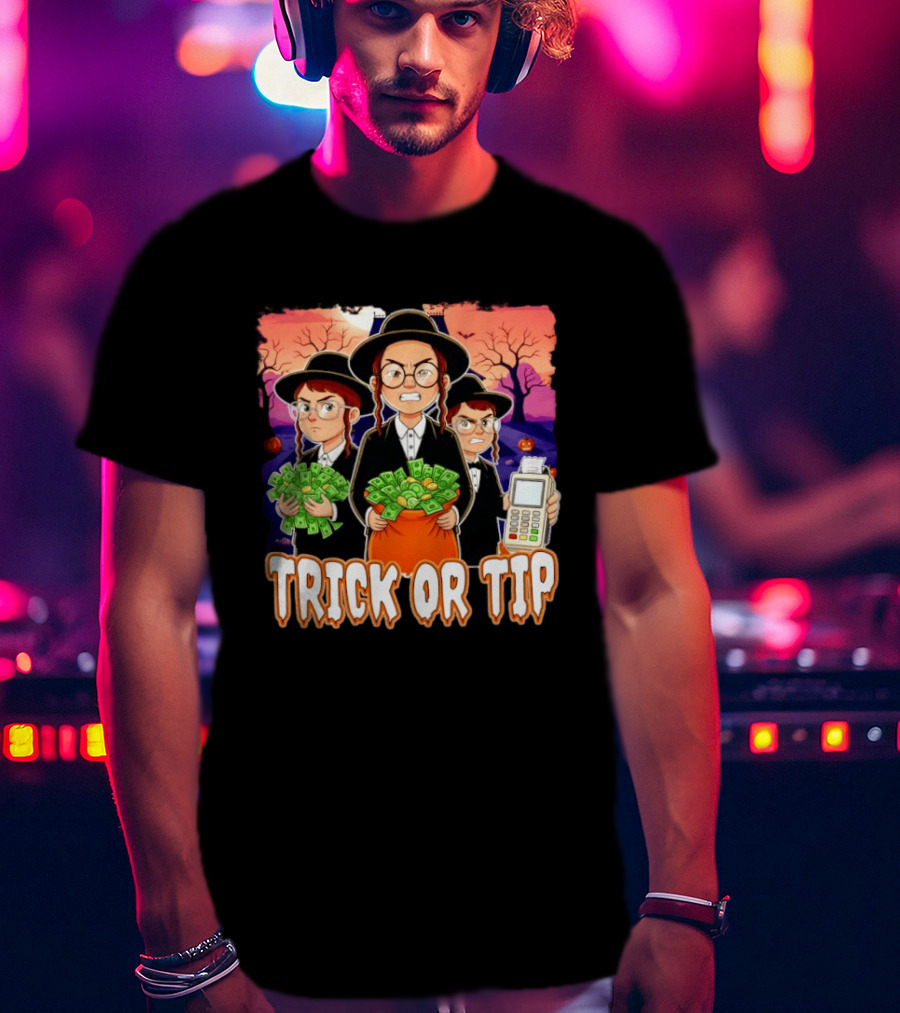 Trick Or Tip Halloween Money Bag Cartoon Characters Holding Cash And Payment Terminal T-Shirt