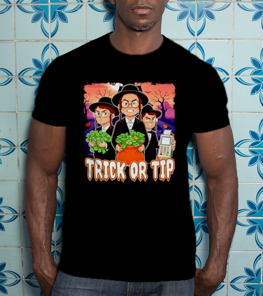 Trick Or Tip Halloween Money Bag Cartoon Characters Holding Cash And Payment Terminal T-Shirt