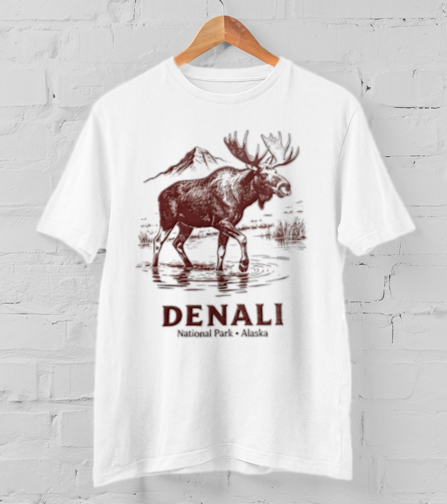 Denali Moose Walking In Water Near Mountain Scenery T-Shirt