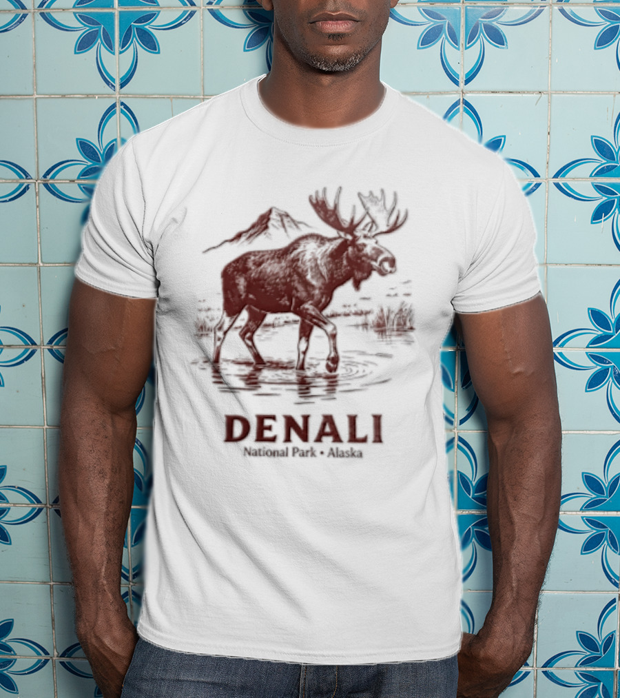 Denali Moose Walking In Water Near Mountain Scenery T-Shirt