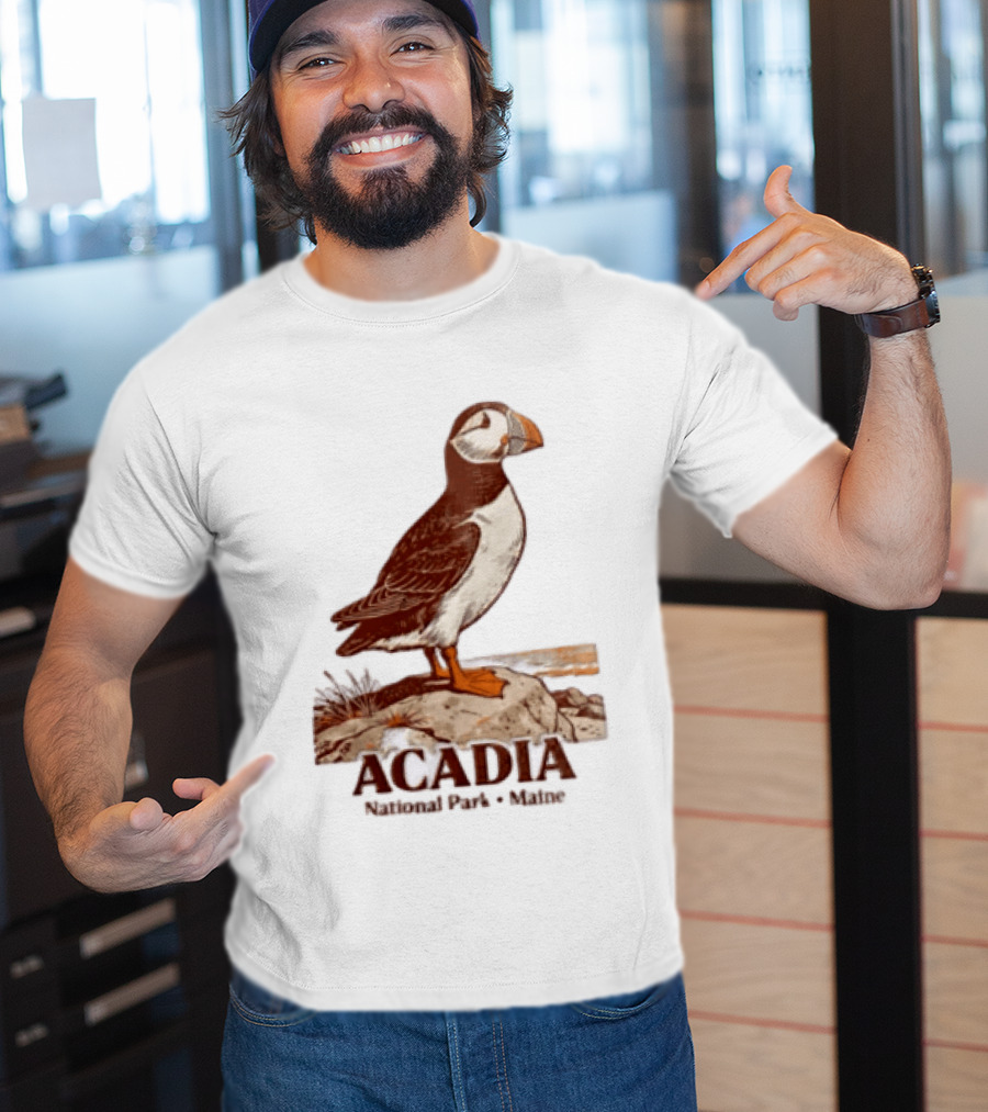 Acadia National Park Maine Puffin Standing On Rock T-Shirt