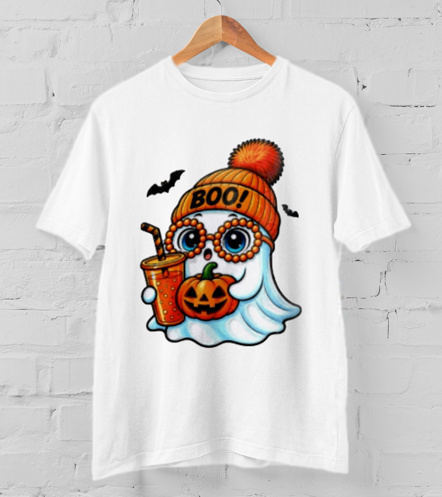 BOO Halloween Ghost With Pumpkin And Drink Spooky Fall Vibes T-Shirt