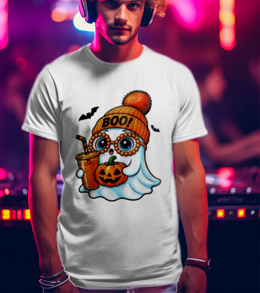 BOO Halloween Ghost With Pumpkin And Drink Spooky Fall Vibes T-Shirt