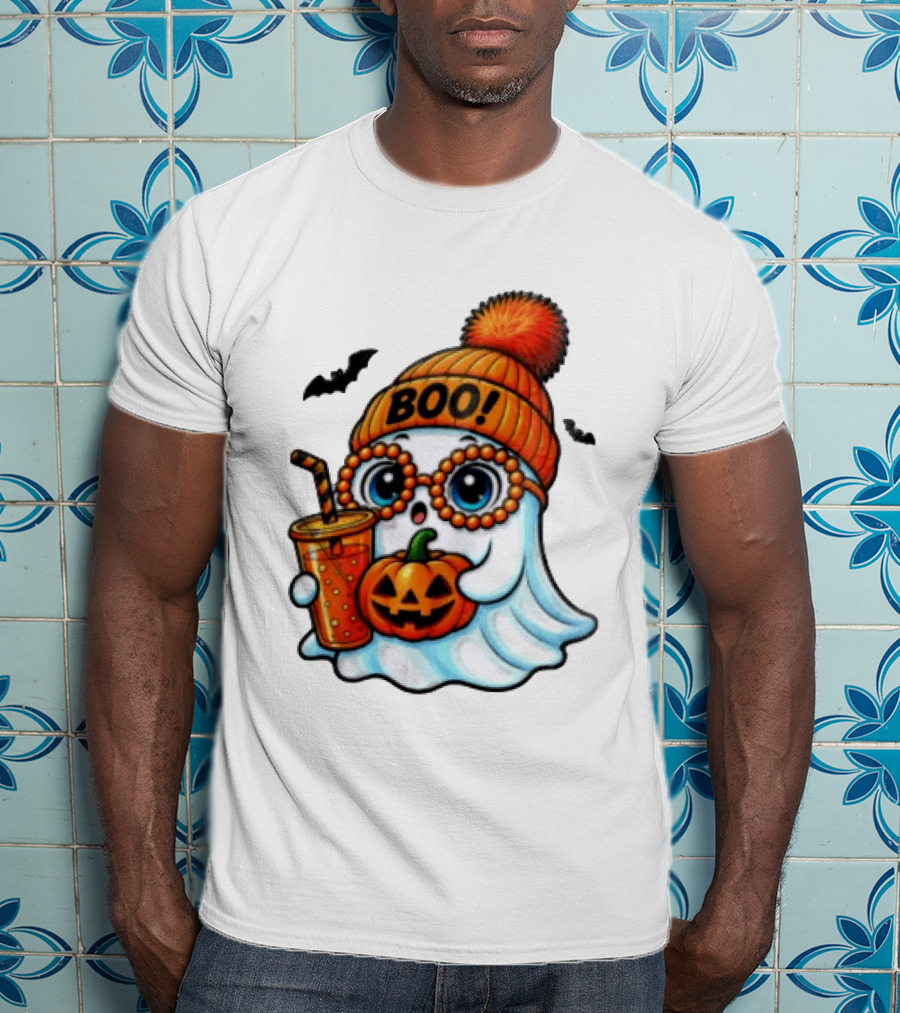 BOO Halloween Ghost With Pumpkin And Drink Spooky Fall Vibes T-Shirt