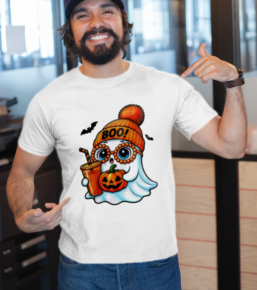 BOO Halloween Ghost With Pumpkin And Drink Spooky Fall Vibes T-Shirt