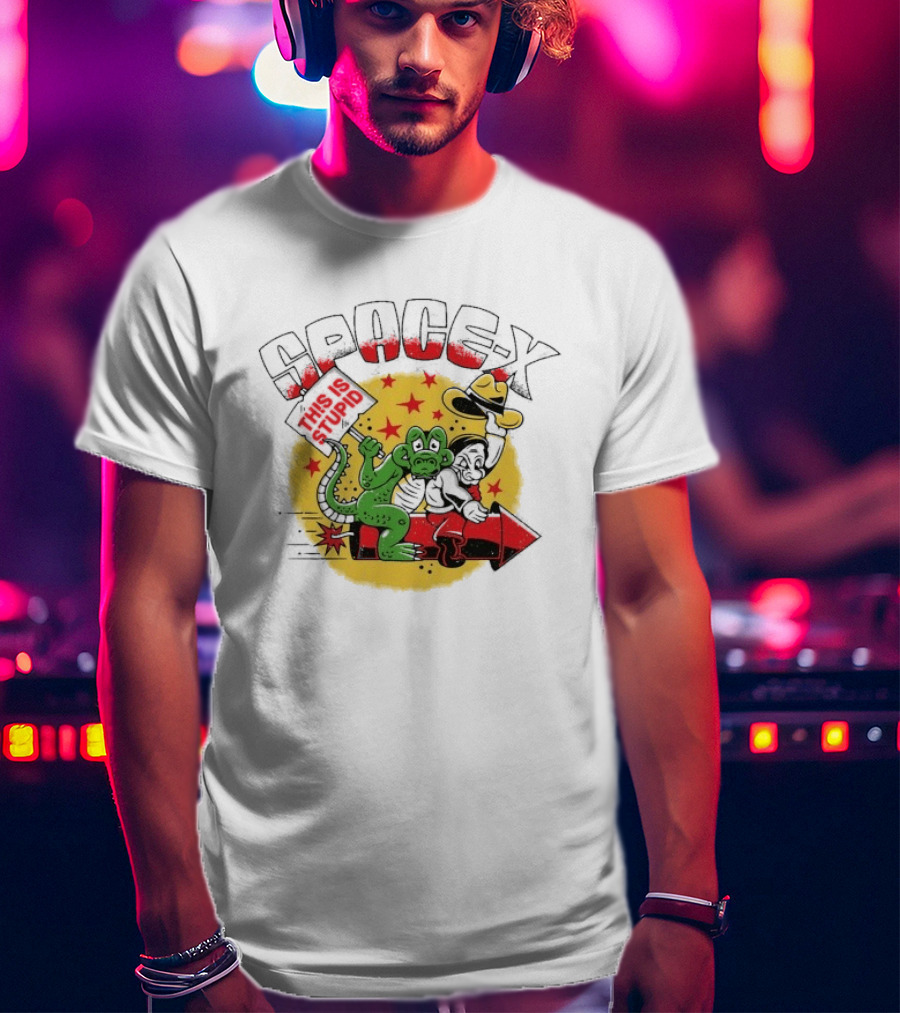 Space X Monkey Cartoon On Rocket With Stars T-Shirt