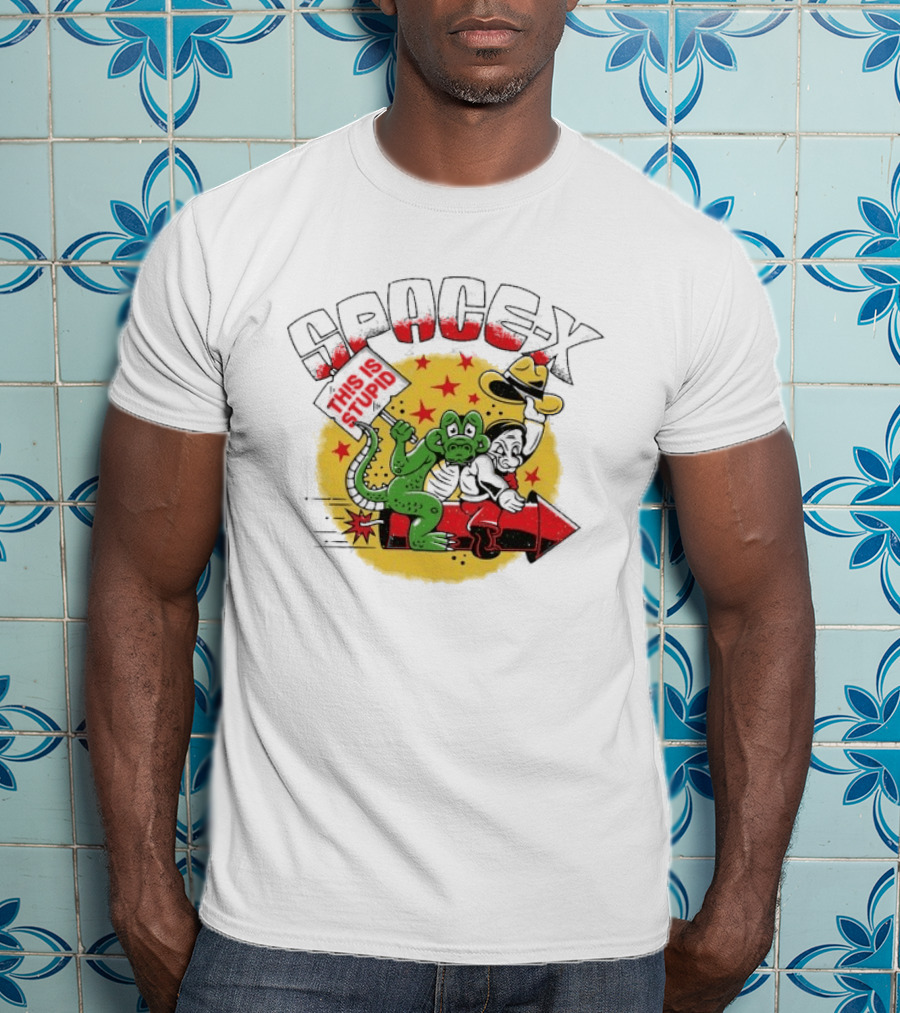 Space X Monkey Cartoon On Rocket With Stars T-Shirt