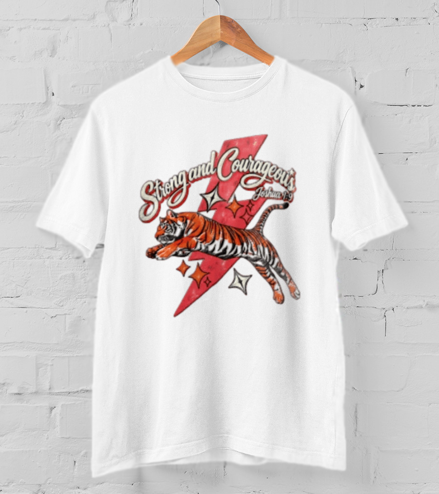 Strong And Courageous Joshua 1 9 Leaping Tiger Pink Lightning Bolt Stars T-Shirt