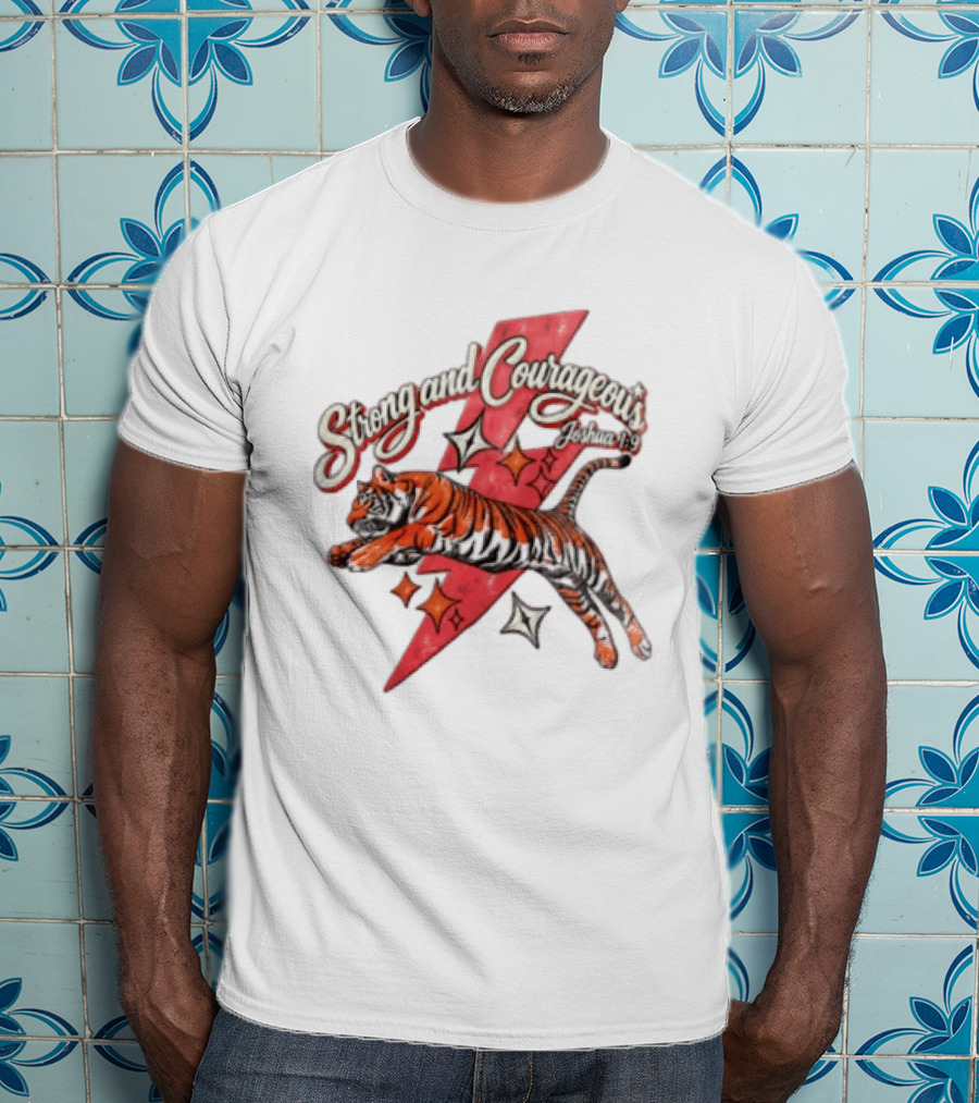 Strong And Courageous Joshua 1 9 Leaping Tiger Pink Lightning Bolt Stars T-Shirt