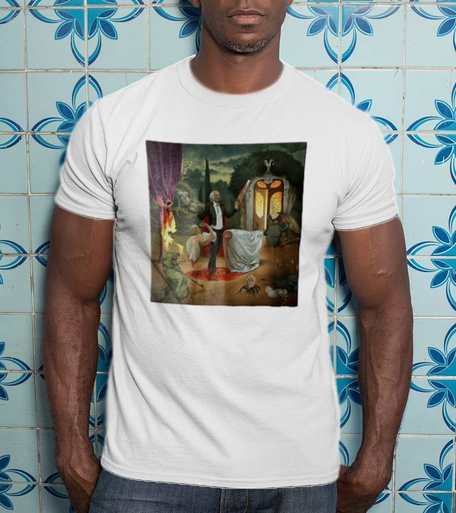 Surreal Gothic Man With Candle And Floating Figures Mysterious Enchantment T-Shirt