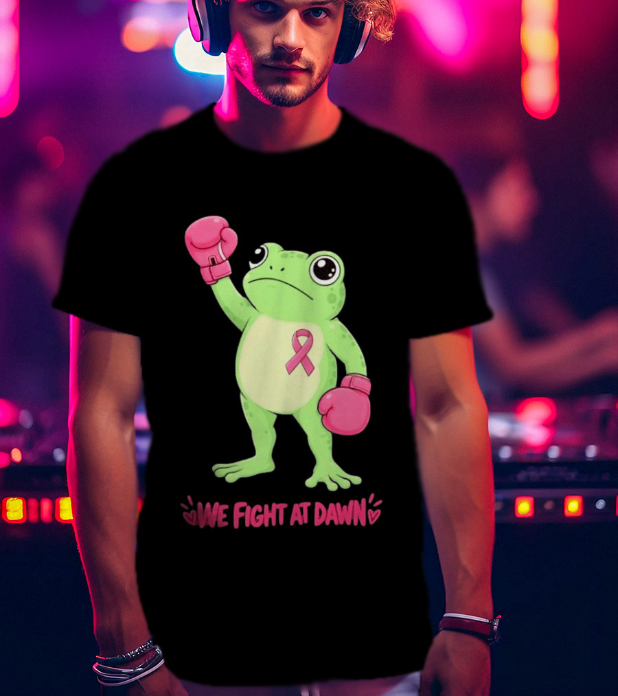Boxing Frog We Fight At Dawn Breast Cancer Awareness Pink Gloves Ribbon T-Shirt