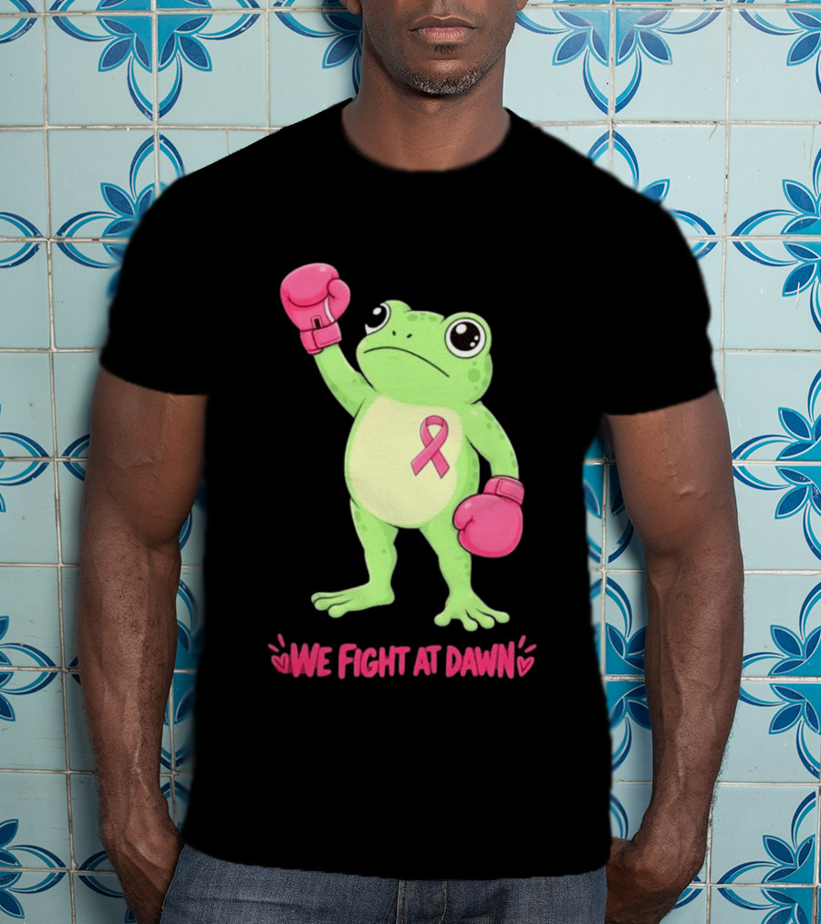 Boxing Frog We Fight At Dawn Breast Cancer Awareness Pink Gloves Ribbon T-Shirt