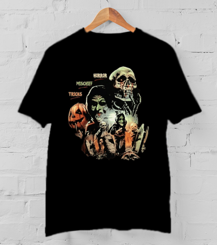 Halloween Horror Mischief Tricks Spooky Trio Skeletons And Jack O' Lanterns T-Shirt