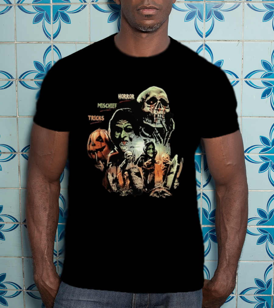 Halloween Horror Mischief Tricks Spooky Trio Skeletons And Jack O' Lanterns T-Shirt