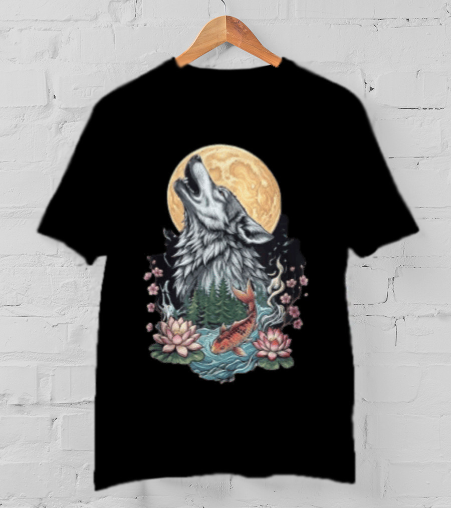 Howling Wolf Full Moon Koi Lotus Blossoms T-Shirt