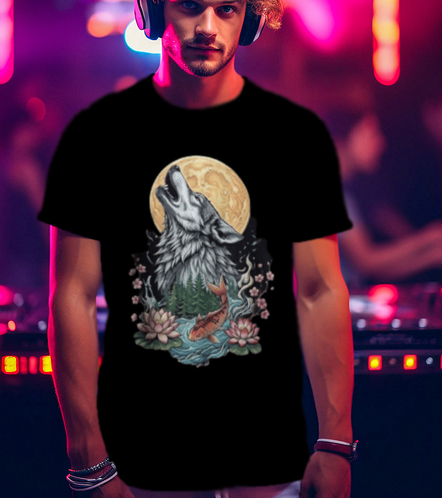 Howling Wolf Full Moon Koi Lotus Blossoms T-Shirt