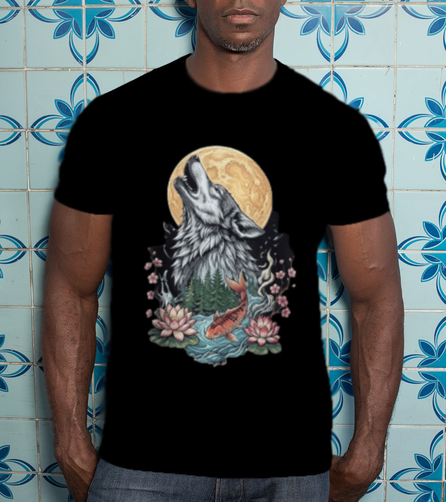Howling Wolf Full Moon Koi Lotus Blossoms T-Shirt