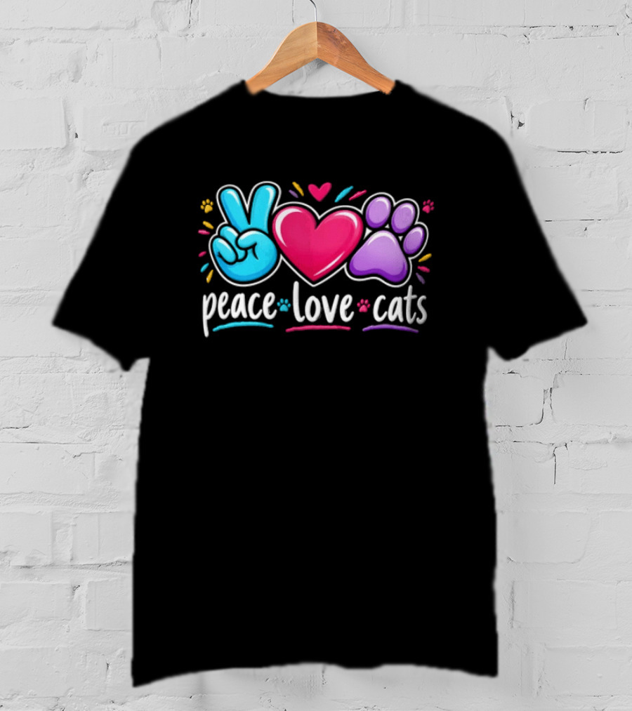 Peace Love Cats Sign Heart Paw Rainbow T-Shirt