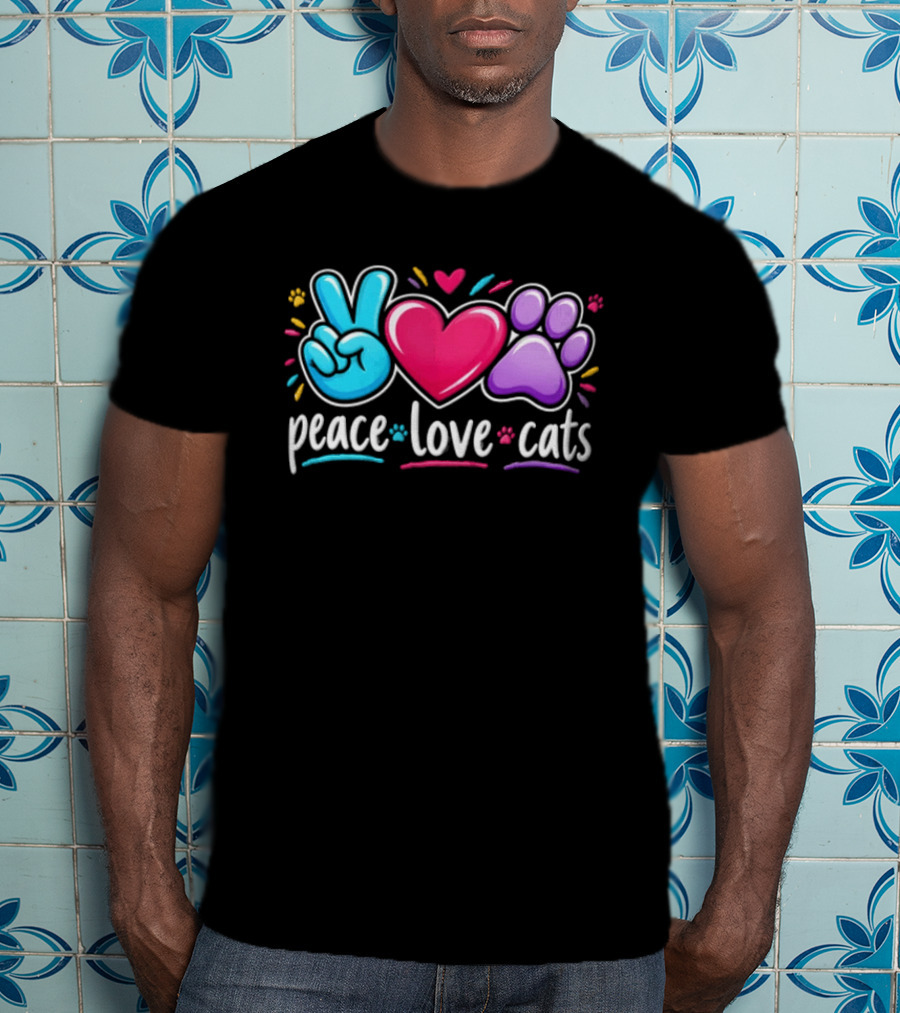 Peace Love Cats Sign Heart Paw Rainbow T-Shirt