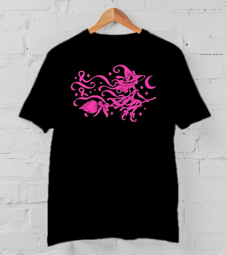 Pink Witch Riding Broom With Breast Cancer Awareness Ribbon T-Shirt