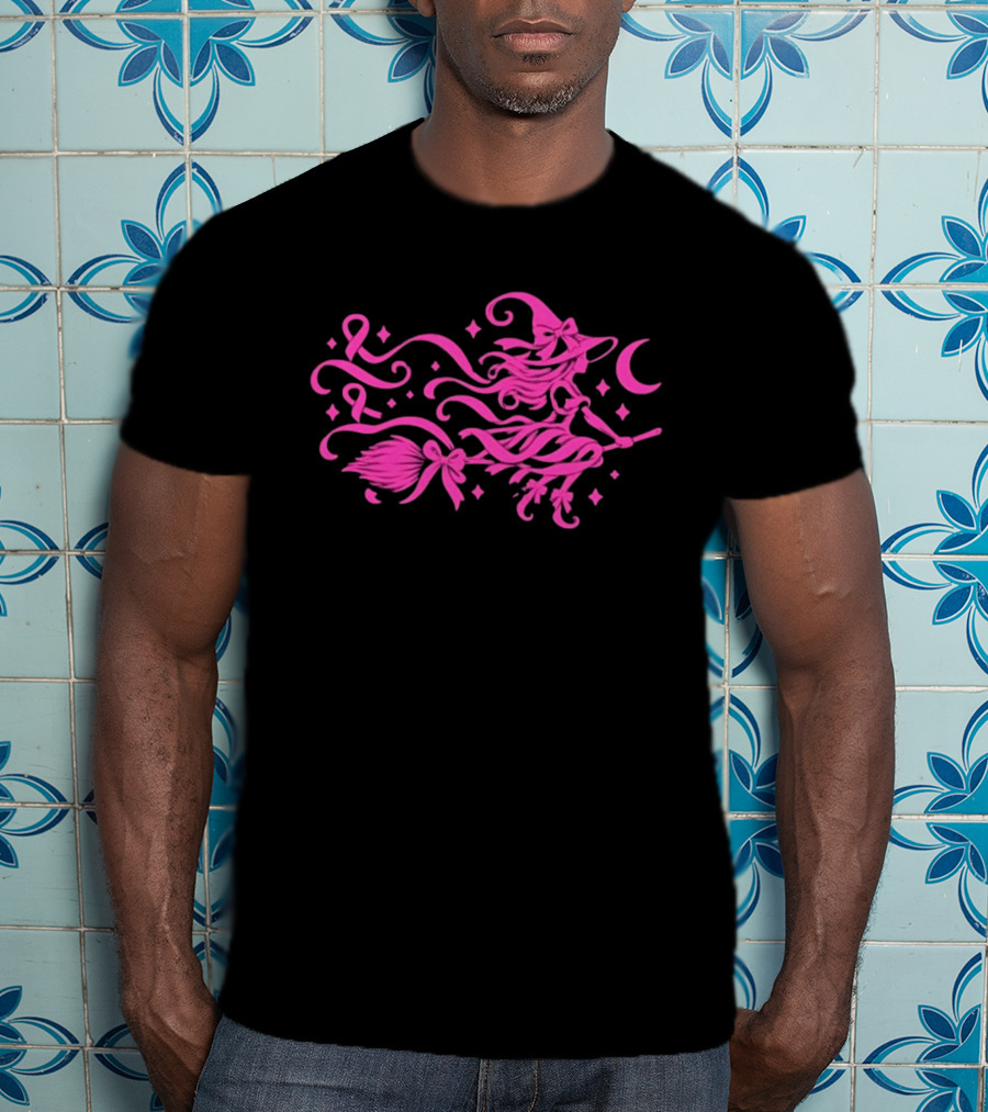 Pink Witch Riding Broom With Breast Cancer Awareness Ribbon T-Shirt