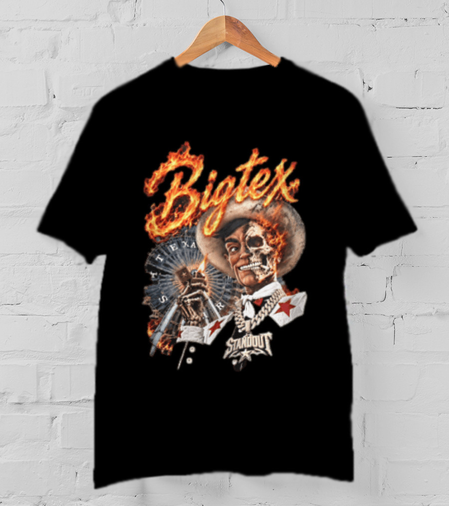 Big Tex Skeleton Cowboy Flaming Hat Texas Star Ferris Wheel T-Shirt