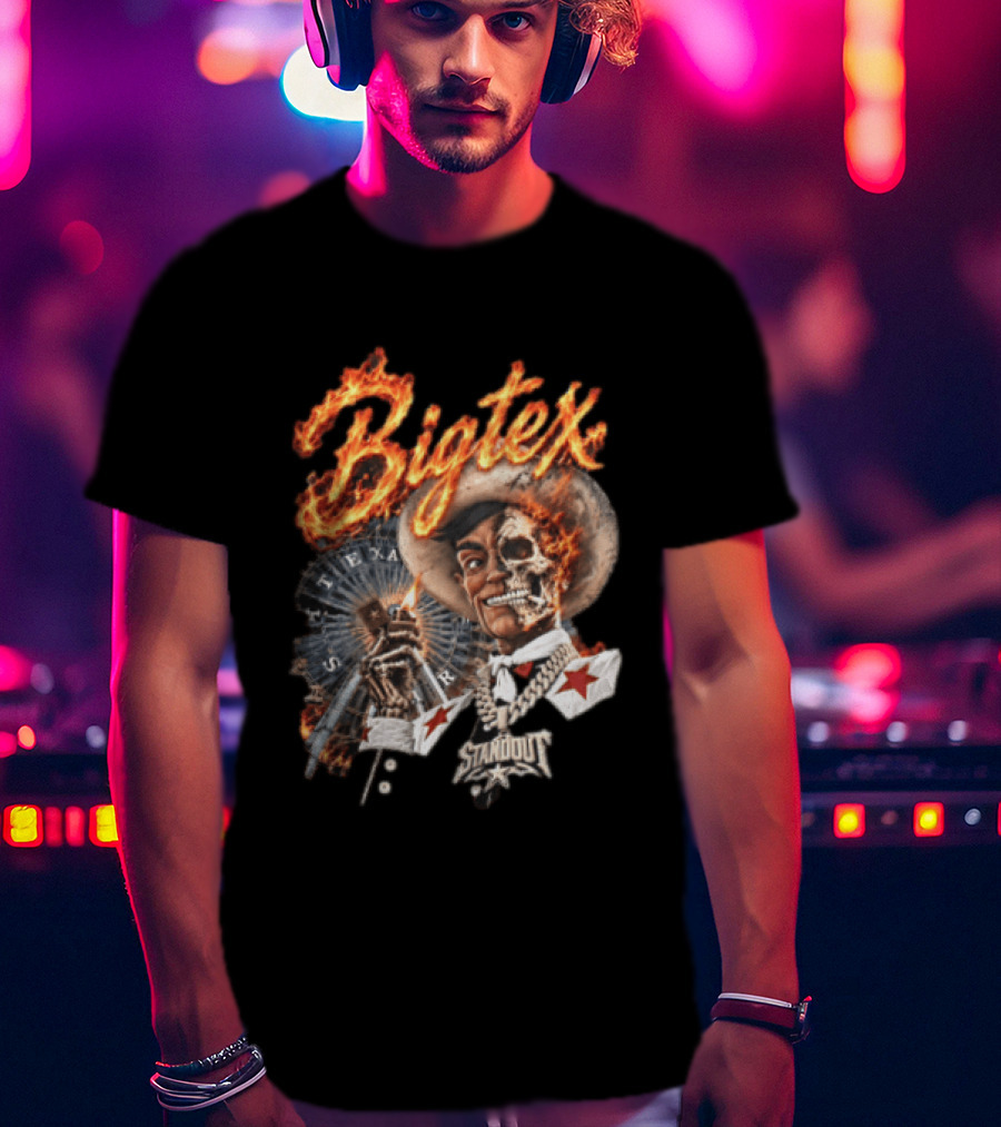 Big Tex Skeleton Cowboy Flaming Hat Texas Star Ferris Wheel T-Shirt