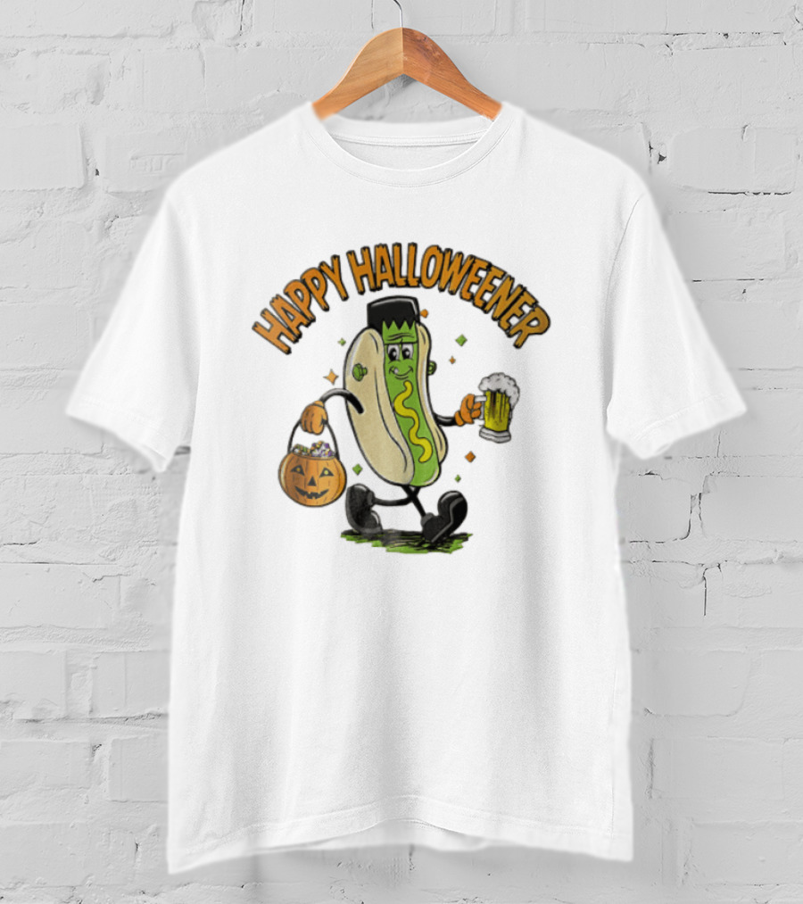 Happy Halloweener Frankenstein Hot Dog With Beer And Pumpkin Bucket T-Shirt