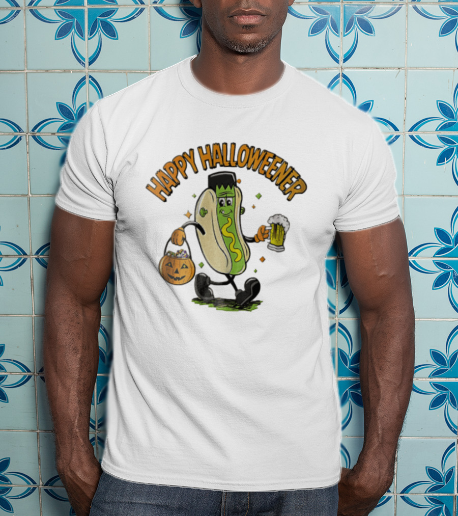 Happy Halloweener Frankenstein Hot Dog With Beer And Pumpkin Bucket T-Shirt