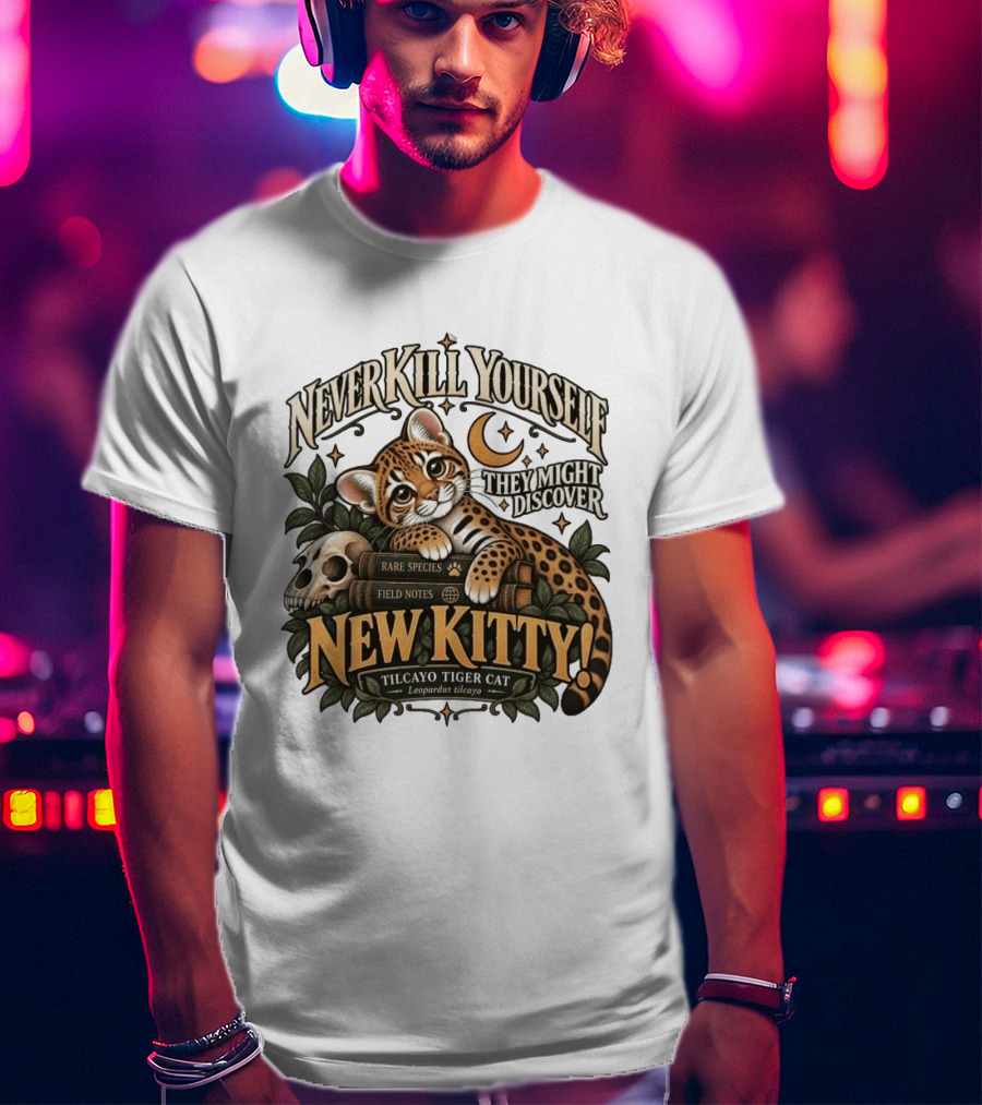 Never Kill Yourself They Might Discover New Kitty Tilcayo Tiger Cat Leopardsus Tilcayo Rare Species Field Notes T-Shirt