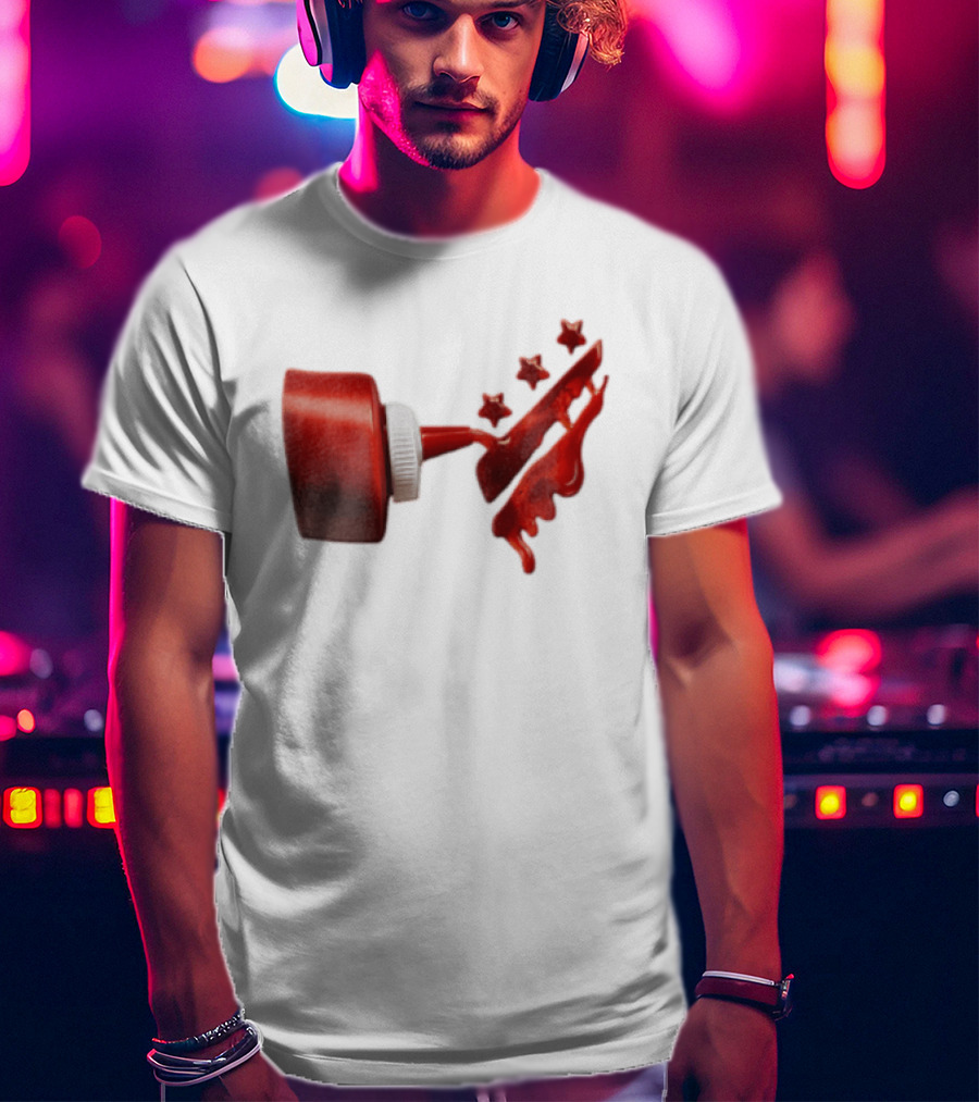 Red Squeeze Bottle Pouring Ketchup With Stars T-Shirt