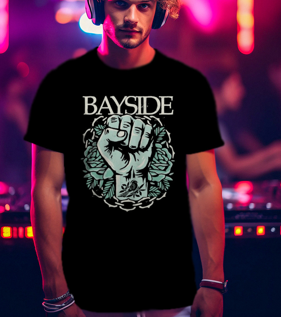 Bayside Acoustic Fist Tattoo Style With Roses And Fist In Chain Circle T-Shirt