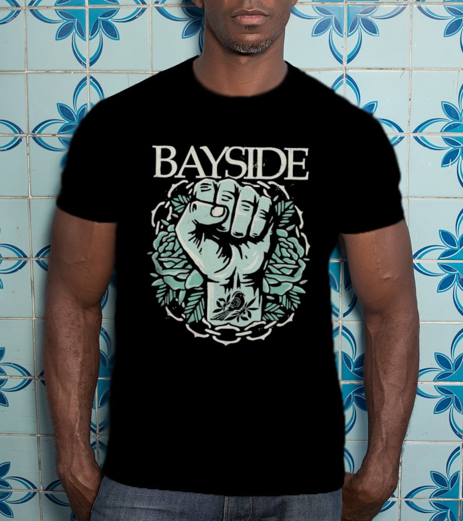 Bayside Acoustic Fist Tattoo Style With Roses And Fist In Chain Circle T-Shirt