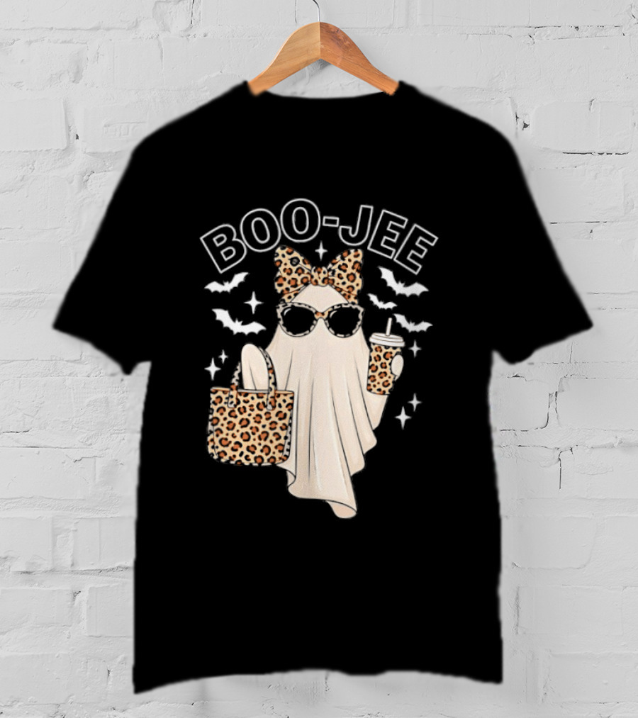 Boo Jee Stylish Ghost With Leopard Print Accessories And Bats T-Shirt