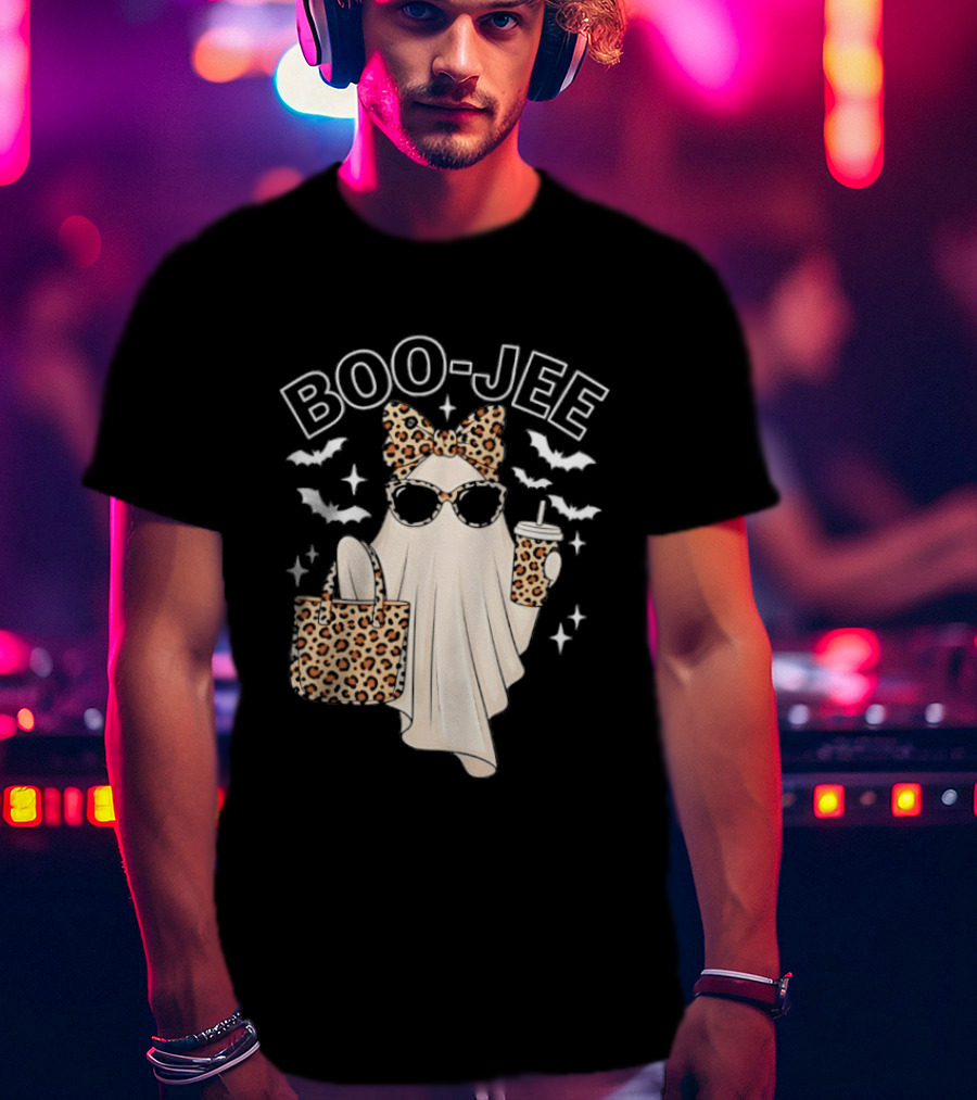 Boo Jee Stylish Ghost With Leopard Print Accessories And Bats T-Shirt